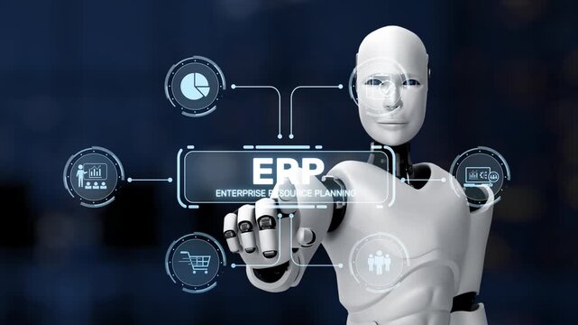A futuristic robot showcases an advanced digital interface featuring analytics, planning tools, and resource management elements for modern businesses and strategies. Synapse