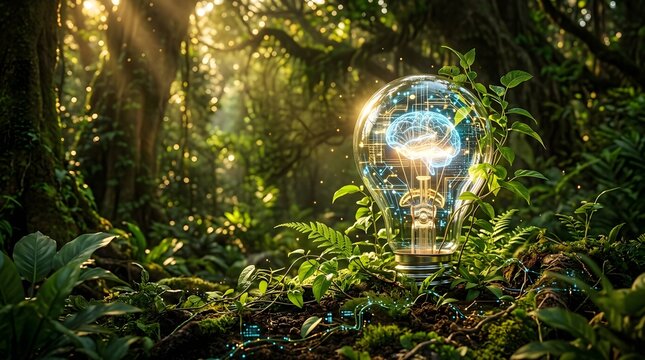 Glowing glass lightbulb containing a miniature lush green tropical forest ecosystem inside a sunlit jungle background