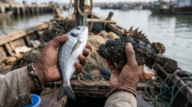 The Parable of the Net. Fishermen sitting on the shore, sorting a massive catch, keeping the good fish in baskets and throwing the bad away