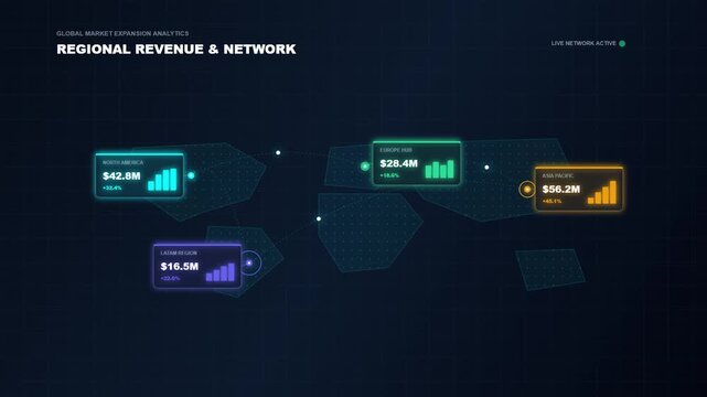 Regional revenue and network world map data visualization
