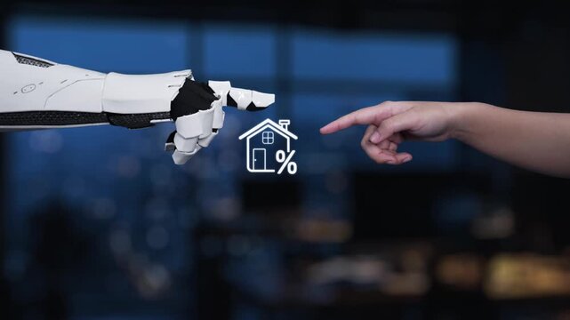 A robot hand and a human hand point towards a glowing home icon with a percentage symbol, illustrating the convergence of technology and real estate in a digital world. Synapse