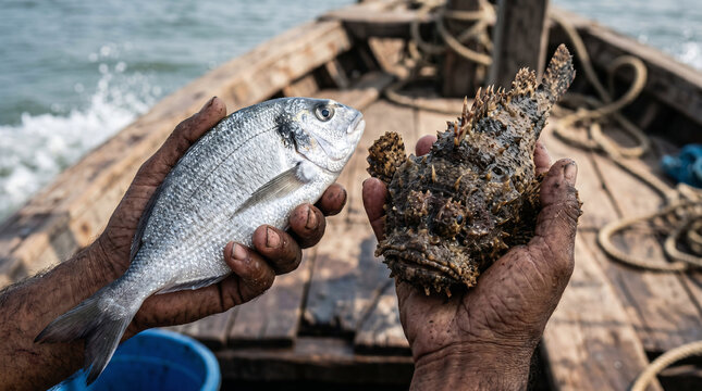 The Parable of the Net. Fishermen sitting on the shore, sorting a massive catch, keeping the good fish in baskets and throwing the bad away
