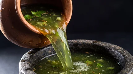 Green aam panna raw mango drink pouring from clay pot into stone bowl macro shot © Arif
