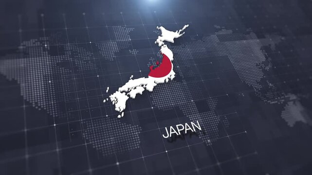 Japan map with national flag on digital world map background, geographic border, global political and international news concept