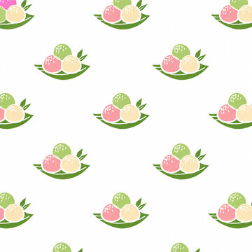 Seamless background pattern featuring traditional Asian dessert mochi or jajan pasar. Pastel colored glutinous rice balls with coconut on a green leaf. Ideal for food packaging and menu design.