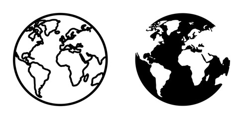 Two Earth globes, one outlined in black and white, the other a solid black silhouette, representing global concepts, geography, and international themes. © Nahid
