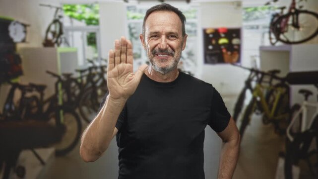 Man waving open hand in a bicycle shop aisle, smiling and standing beside rows of bikes and hanging frames; friendliness welcome greeting.