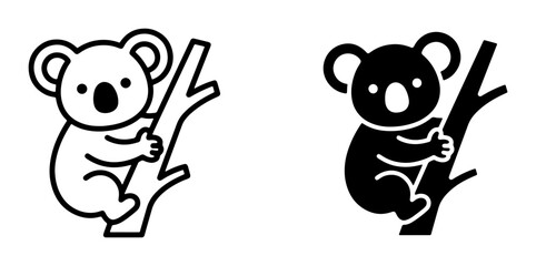 Fototapeta premium Cute Koala Icon Set, Simple Line Art and Solid Silhouette Graphics for Australian Wildlife and Nature Themes