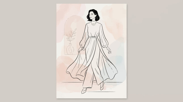 A fashion illustration of a woman in a flowing dress and pants, with a watercolor background.
