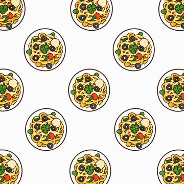 Seamless repeating background pattern of delicious Italian spaghetti pasta with black olives and tomatoes. Bold vector line art style. Perfect for restaurant menus and modern food packaging design.