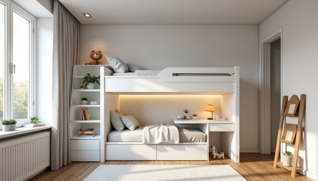 Modern white bunk bed with built-in desk and shelving in a bright, minimalistic children's bedroom with natural light and cozy decor.
