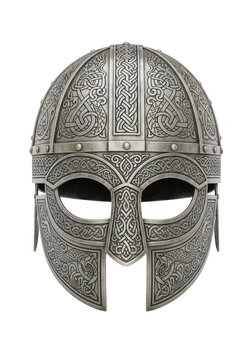 Ancient silver metal viking helmet with detailed patterns and carvings for historical warrior isolated on transparent background