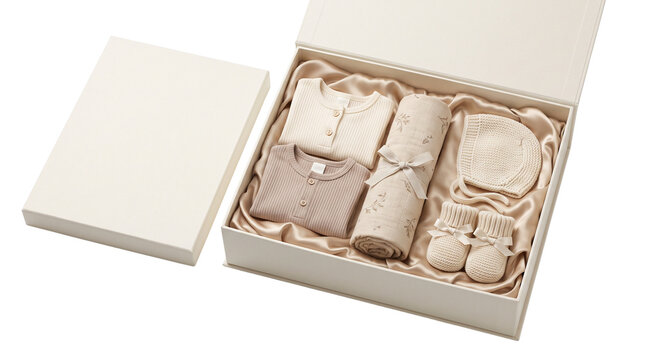 Newborn baby gift set in elegant cream box, organic cotton infant clothing collection, luxury baby shower hamper with knitted booties and bonnet isolated PNG with Transparent Background