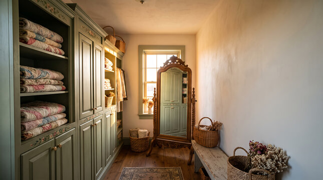 Sage green cottage dressing room with folded quilts and antique cheval mirror