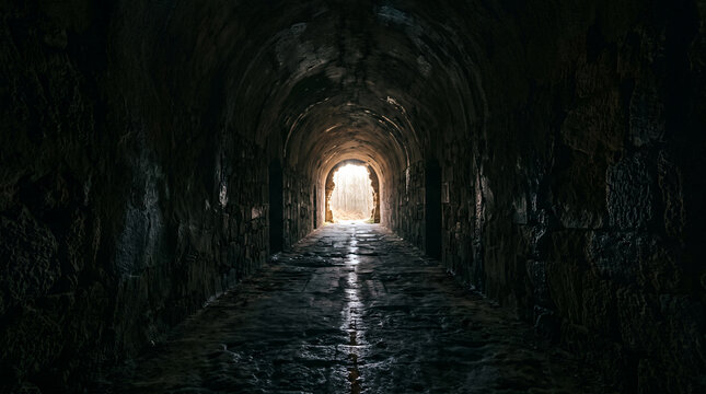 Dark stone tunnel framing a bright misty forest at its far exit