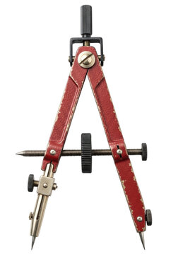 Red metal geometry compass for drawing circles and technical drafting on school projects isolated on transparent background
