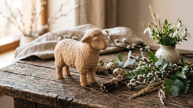 Carved wooden Easter lamb figurine on rustic table with spring flowers and quail eggs for seasonal home decoration