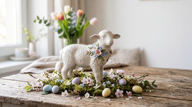 Ceramic Easter lamb figurine with spring flowers and pastel eggs on rustic wooden table for holiday home decor