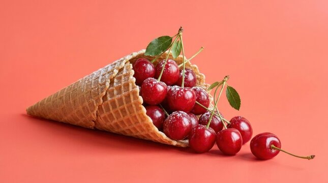 Fresh red cherries spilling from waffle ice cream cone.