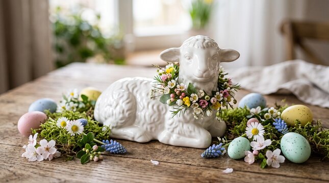 Ceramic Easter lamb figurine with spring flowers and pastel eggs on rustic wooden table for holiday decoration