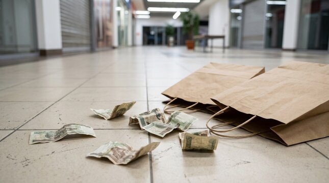 Crumpled currency and paper shopping bags on the floor of an empty mall representing retail crisis and financial loss