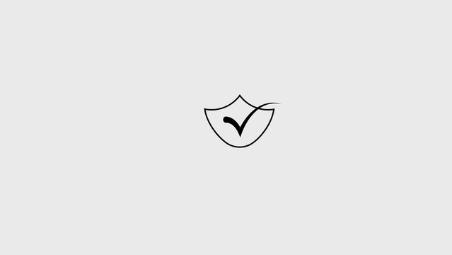 Minimalist black shield icon with checkmark symbol on light grey background representing security protection and verified safety.