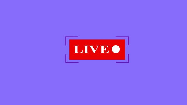 Red live streaming banner with white text and recording dot icon isolated on solid purple background for broadcasting.