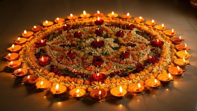 Narak Chaturdashi Celebration Rangoli Decorated With Flowers and Oil Lamps