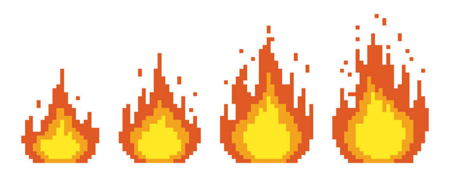 Pixel Art Flames: A collection of four stylized pixel art flames, ranging in size, depicted with vibrant orange and yellow hues.