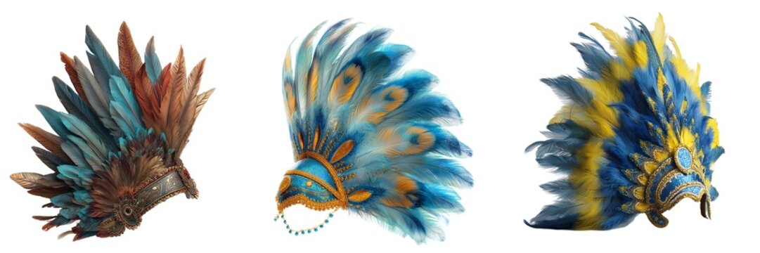 Native American feather headdresses set isolated on transparent background. PNG. Generated AI