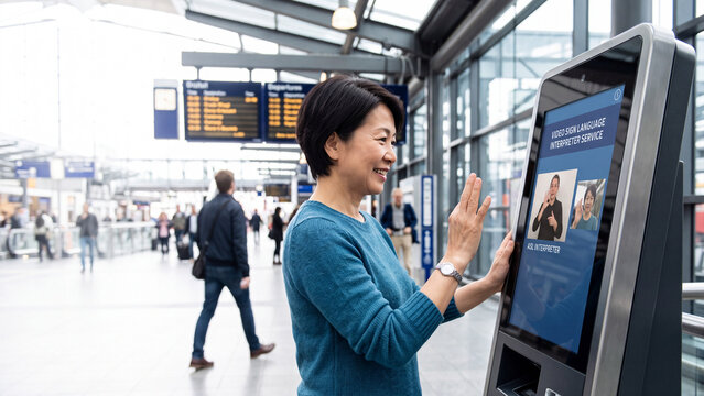 Smiling Asian woman using a video sign language interpreter service at a public station.