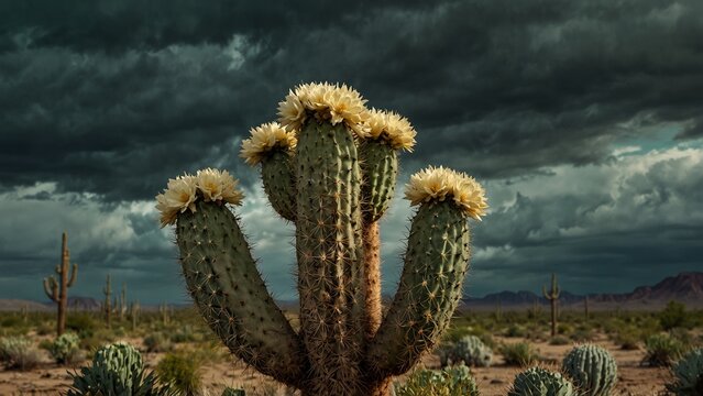 Creative composition of cactus in the desert with cloudy sky in the background - Generative AI