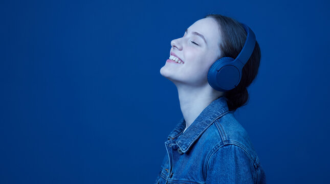 Woman enjoying music with headphones tilted head blue monochromatic portrait