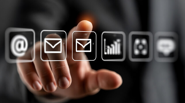 Businessman touches a virtual screen displaying a series of email and data management icons.