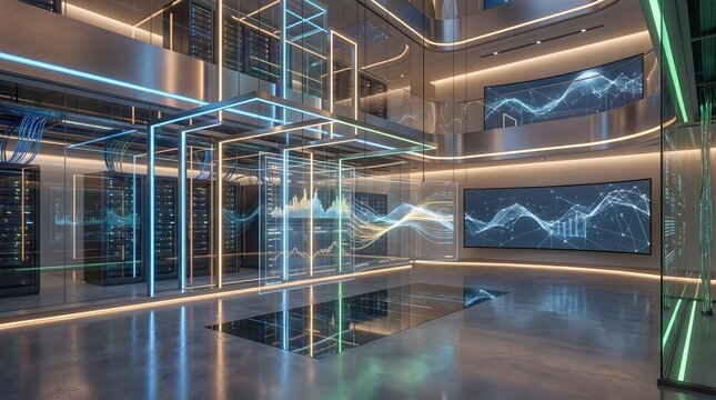Modern Interior With Illuminated Glass Walls And Reflections