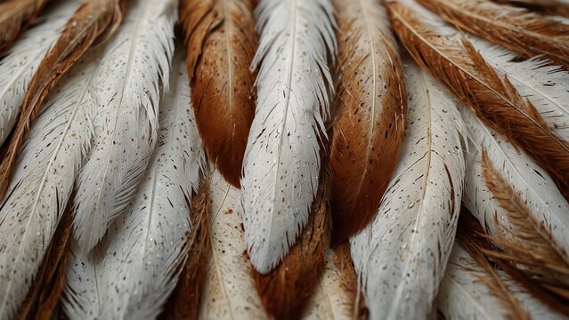 Creative composition of bunch of white and brown feathers on table - Generative AI