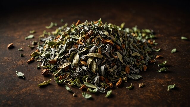 Pile of tea leaves on table, fantasy style digital art - Generative AI