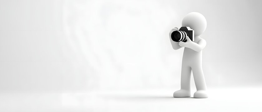 A white 3D stick figure character holding and looking through a digital camera.