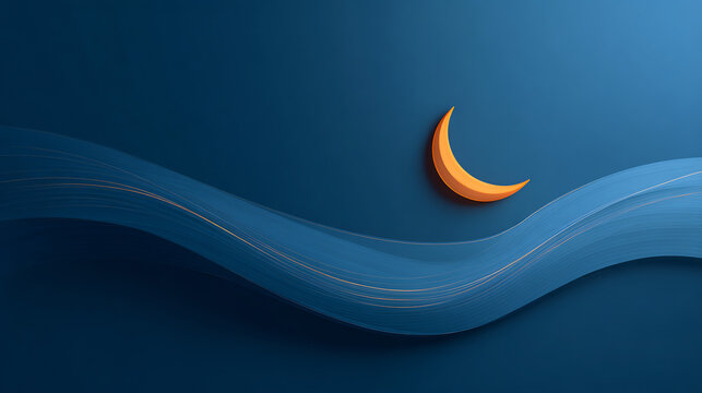 Wavy blue flowing abstract line with orange crescent moon 3D rendered