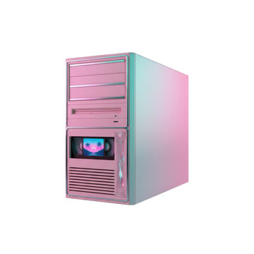 Retro Futuristic Computer Tower with Vaporwave Aesthetic Design
