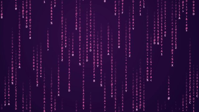 Digital rain of pink characters and symbols cascades down a dark purple background, representing a futuristic data stream or code, technology and science themes