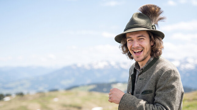 German folk music culture oktoberfest smiling man in traditional hat outdoors