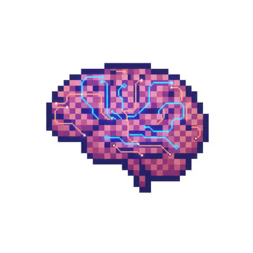 Pixel Art Digital Brain with Glowing Circuit Connections