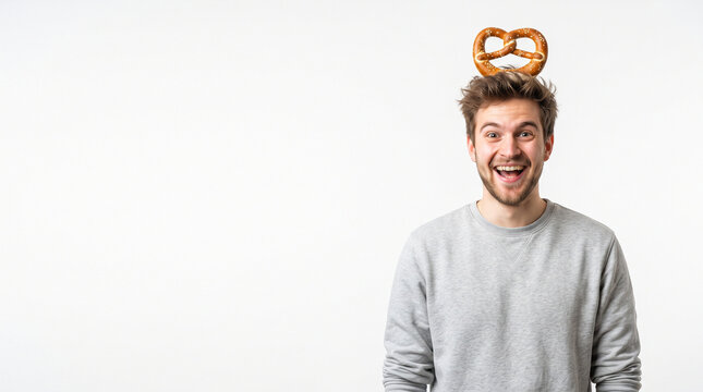 German folk music culture oktoberfest happy man with pretzel on head on white background