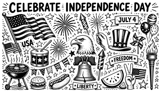 Hand-drawn Black White Line Art Doodle Set of American Independence Day Celebration Icons Symbols for 4th of July Patriotic Design
