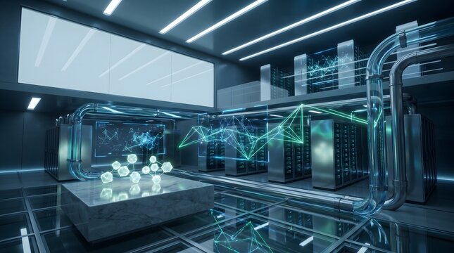Futuristic Data Center With Digital Technology And Glowing Screens