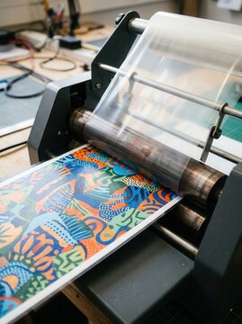 Document Lamination Process Using Industrial Machinery for Glossy Protection and Preservation of Vibrant Artistic Graphic Prints