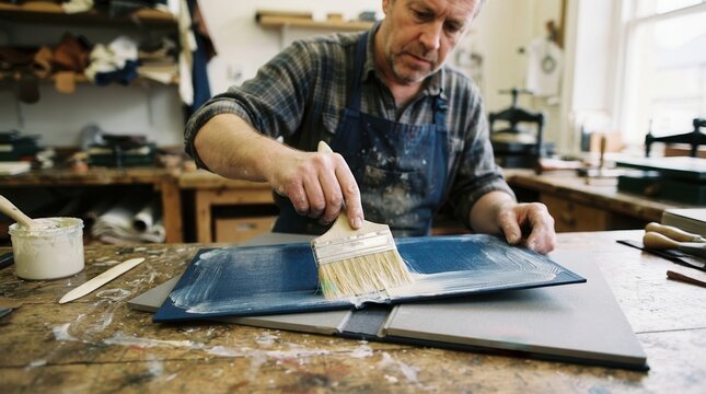 Artisan Carefully Applying Adhesive to a Custom Book Cover in a Traditional Workshop Setting