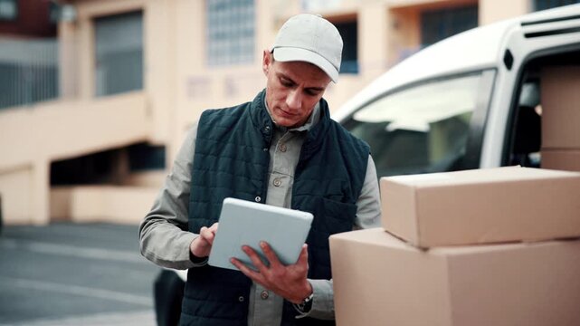Logistics, inventory and delivery man with tablet, outdoor or checking boxes for stock distribution. Supply chain, inspection and person with package, ecommerce and shipping update with technology