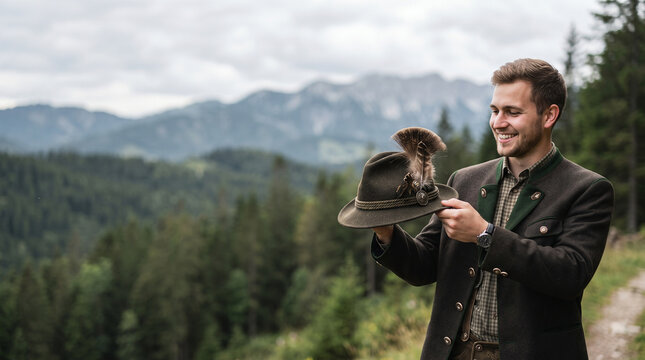 German folk music culture oktoberfest smiling man holding hat in alpine mountain landscape